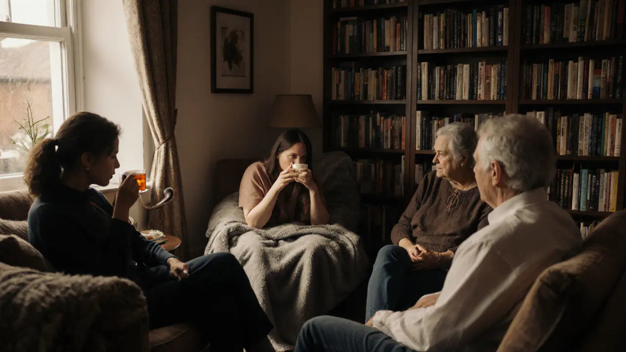 A diverse group shares quiet aftercare in a cozy lounge, with tea and weighted blankets, emphasizing emotional support and healing.