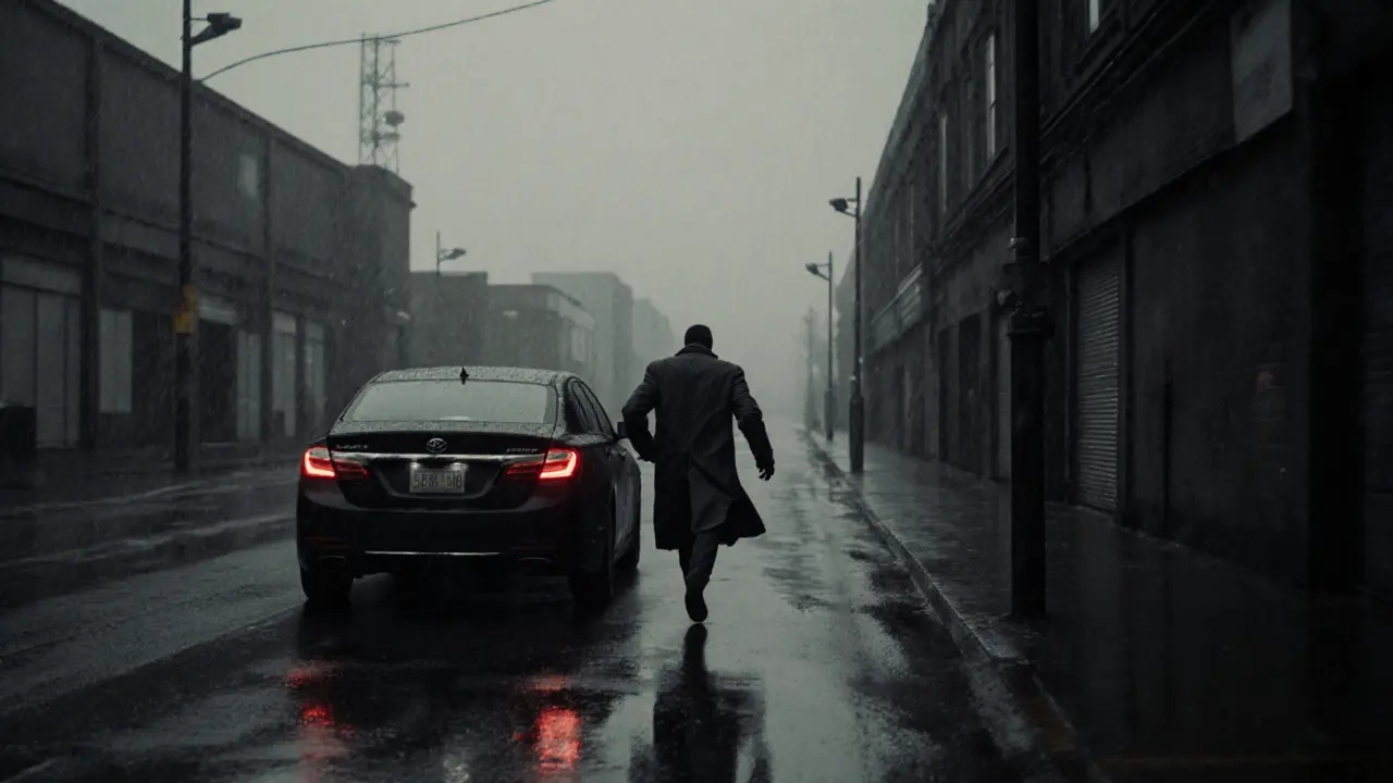 A figure entering a car in a rainy industrial area at dawn, face and license plate obscured, evading detection.