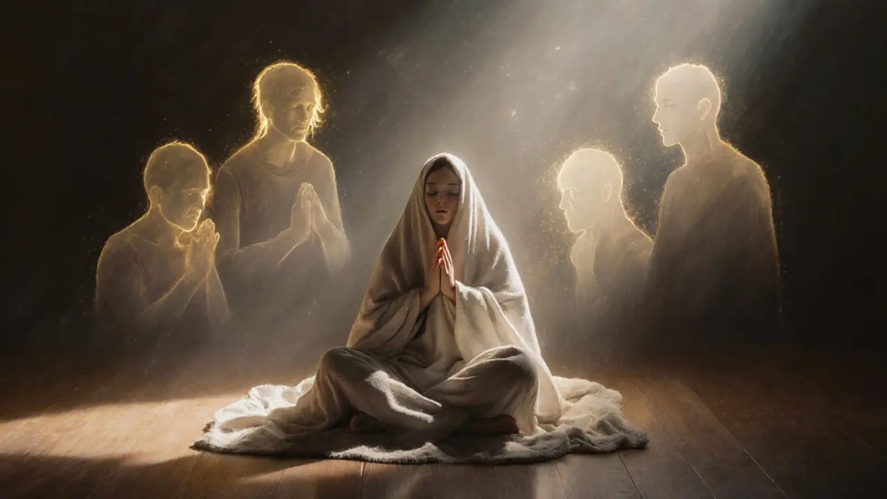 A person releasing emotional burdens as soft light surrounds them in a safe, serene space.