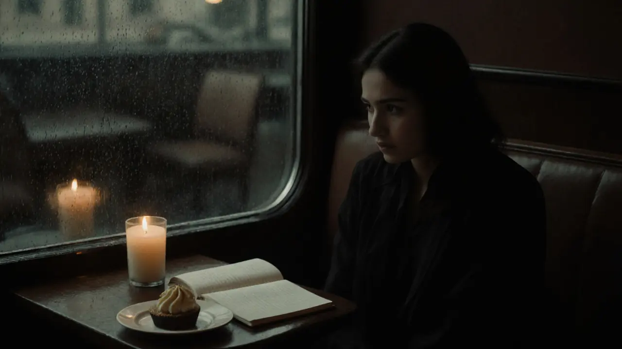 A person sitting alone in a cozy booth, journal open, candlelight reflecting on rain-streaked window.