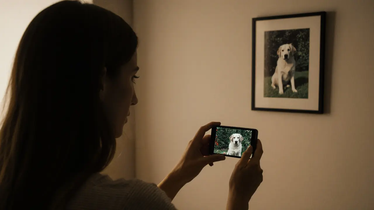 A woman reviewing photos on an encrypted drive in a neutral studio, face hidden, only a dog photo visible in background.