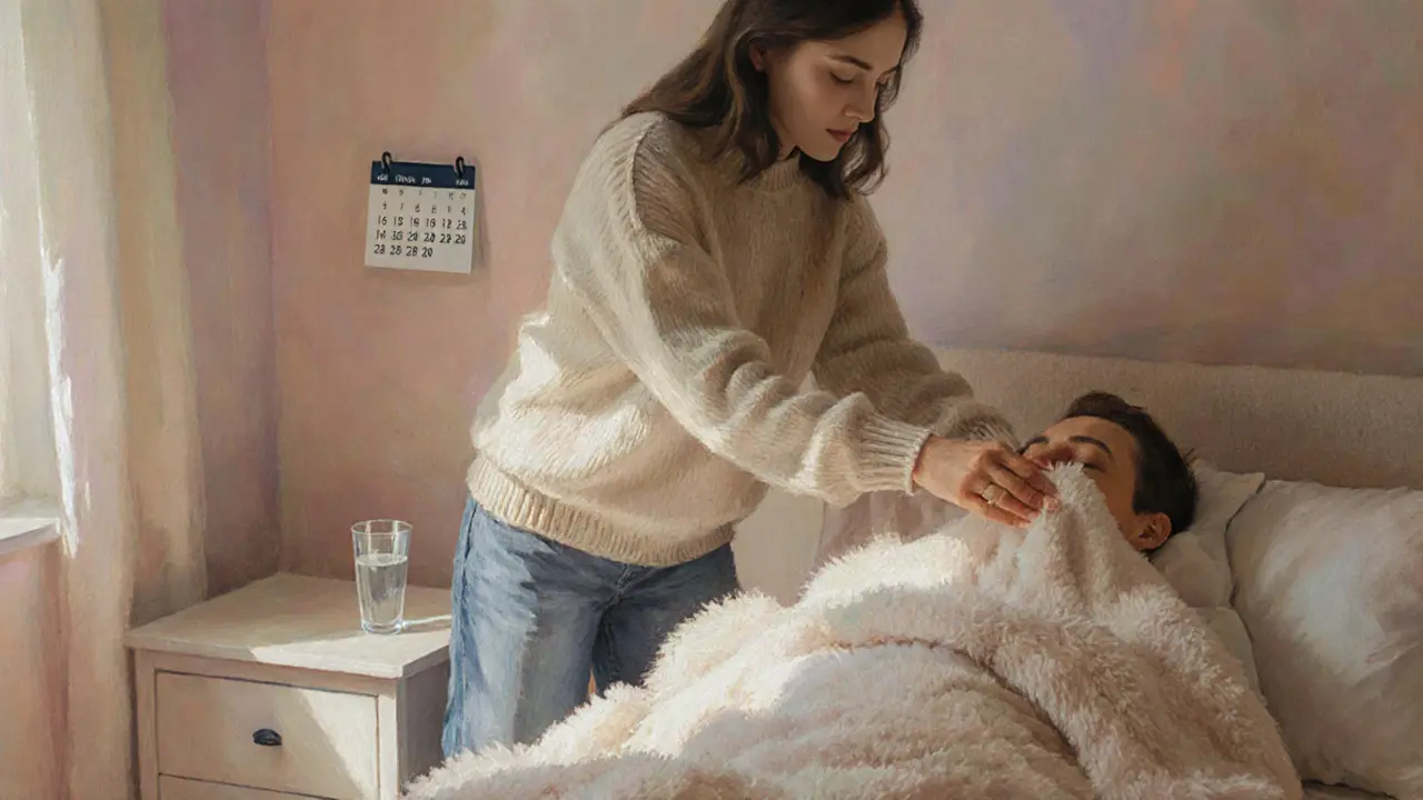 Aftercare scene with blanket, water glass, and gentle embrace in soft lighting.