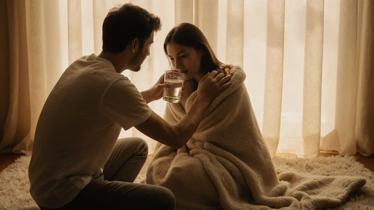 Aftercare scene with couple cuddling, sharing water and lotion in soft light.