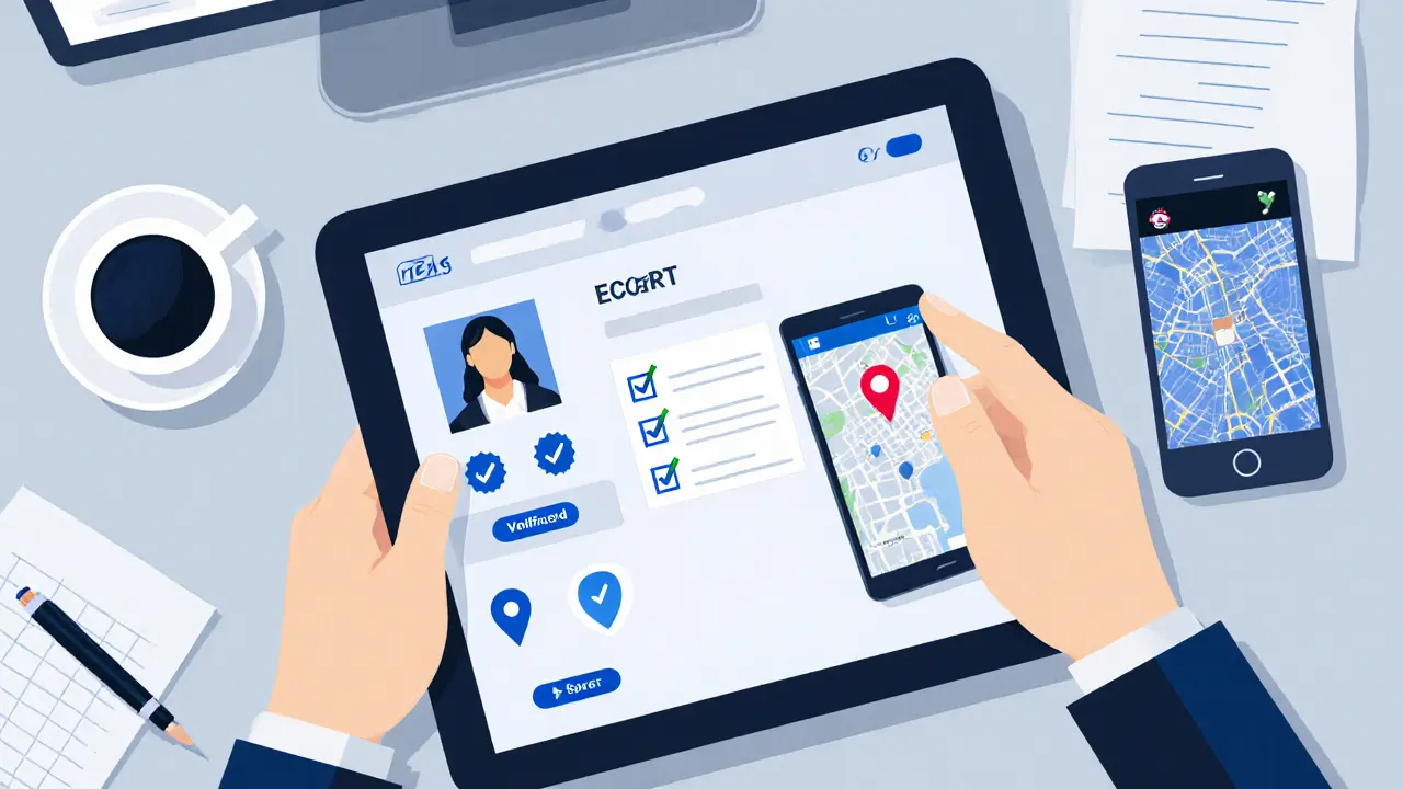 Client reviewing escort provider details on tablet, showing verification badges and location sharing.