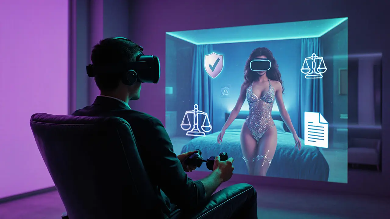 Client using VR headset sees a holographic bedroom with an avatar and floating legal symbols.