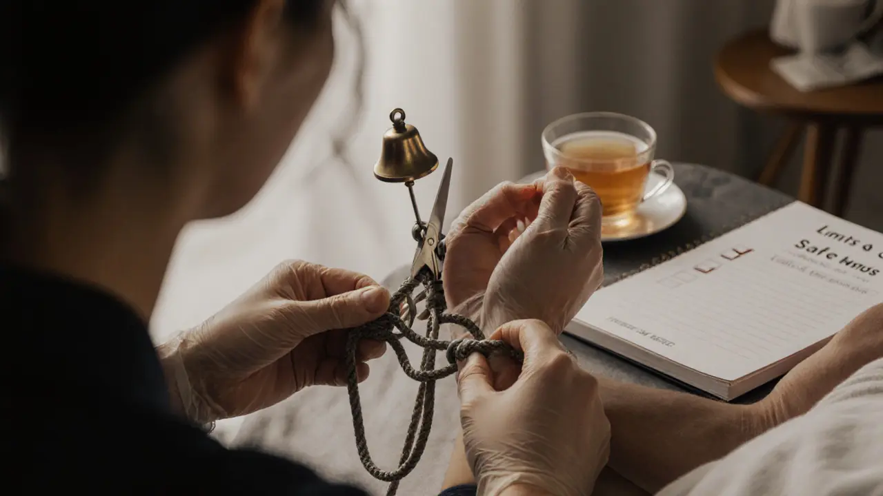 Close-up of skilled hands performing Shibari bondage with safety shears and a bell nearby, highlighting preparedness and care.