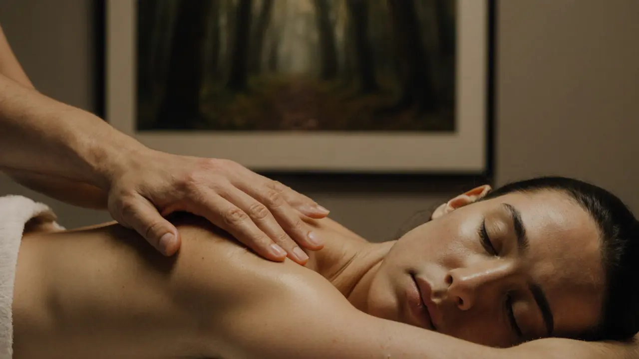 Close-up of skilled hands working on tense shoulder muscles while client relaxes peacefully.