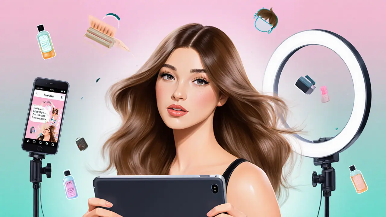 Colorful illustration of a brunette influencer demonstrating a hair tutorial in a bright studio.