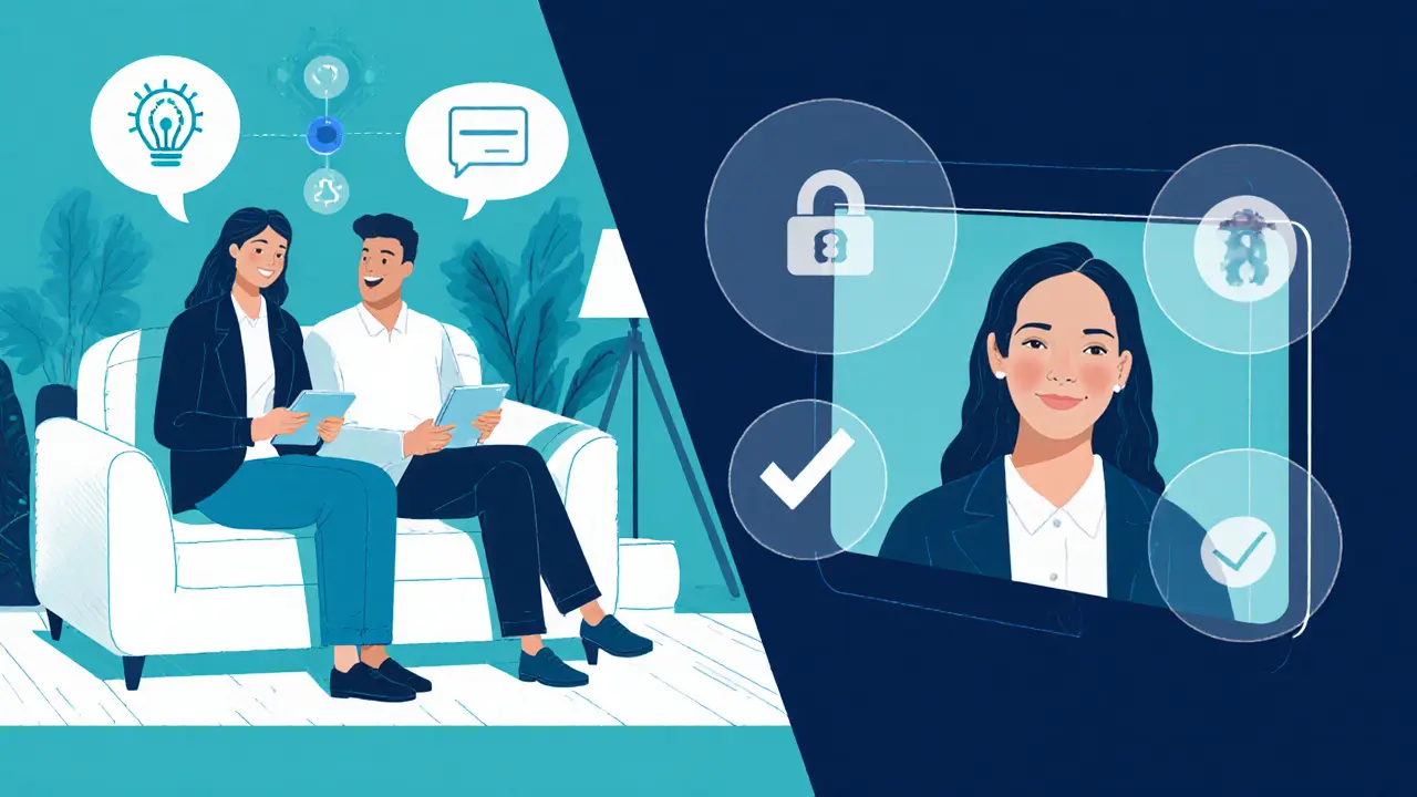 Couple and escort meeting virtually on devices with abstract tech graphics.