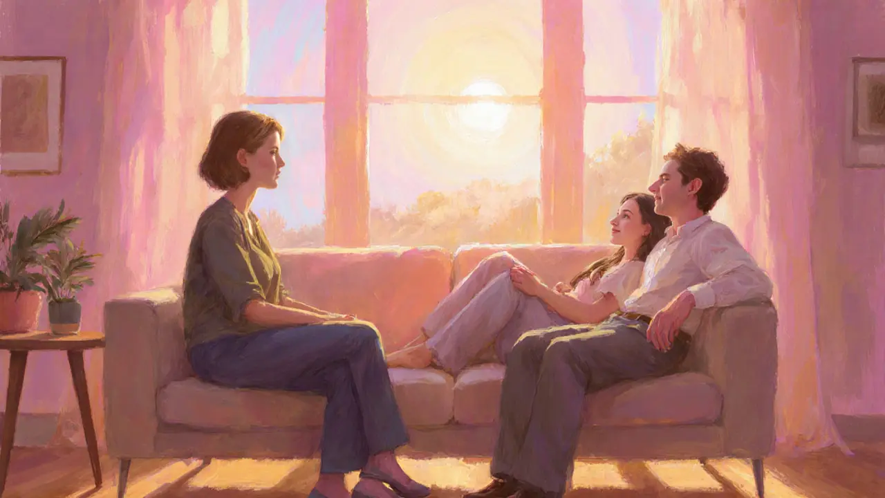 Couple and escort relaxing together in a sunlit room after a session.