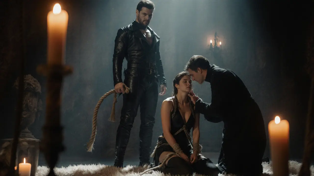 Dominant and submissive transitioning from a rope scene to gentle aftercare in a candlelit chamber.