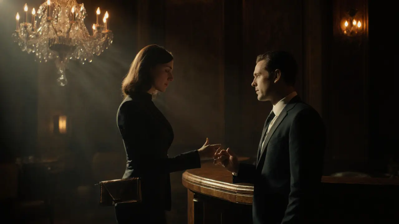 Elegantly dressed escort exchanging a code word with a client in a hotel lounge at night.