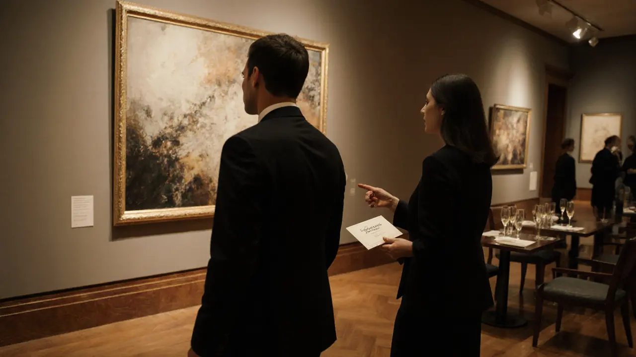 Escort and client enjoying a personalized museum visit with elegant ambience.