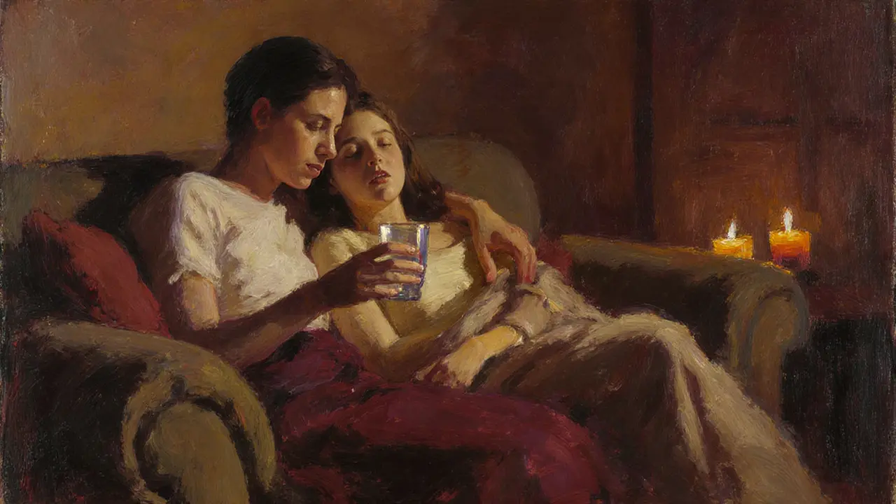 Escort and client sharing a comforting aftercare moment on a sofa.