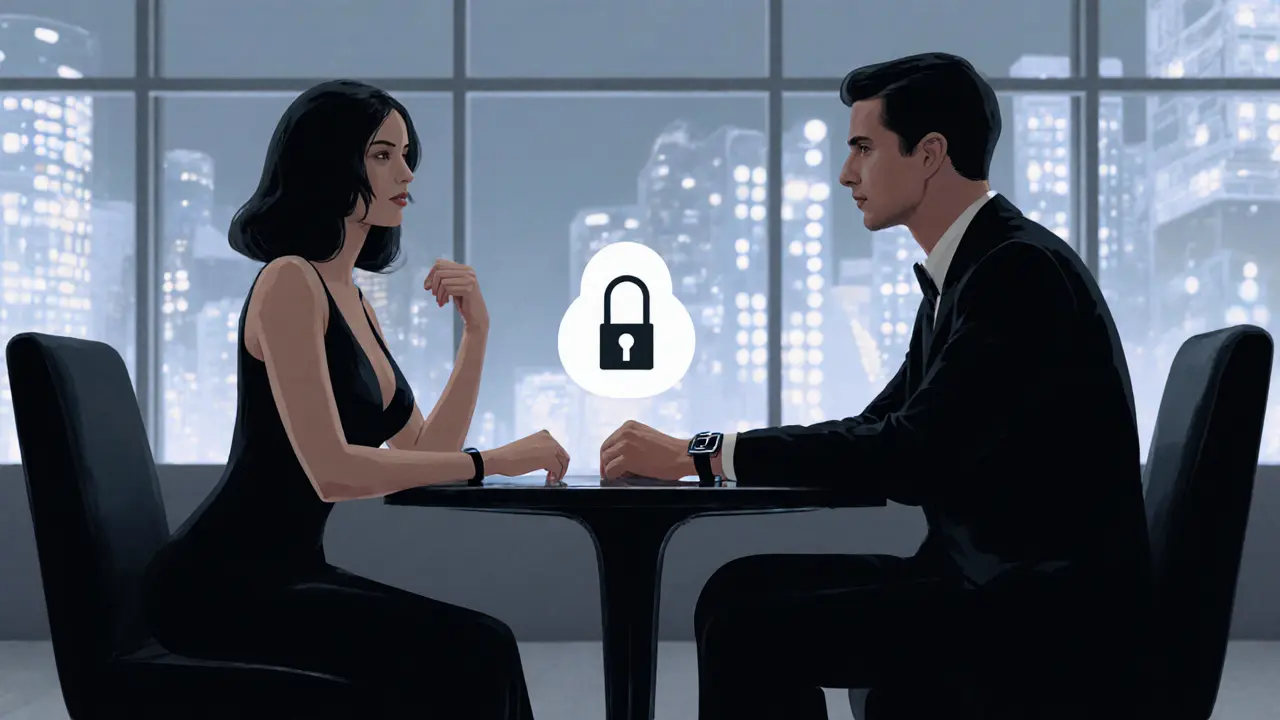 Escort and client sit at a sleek lounge table, subtle safety symbols visible.