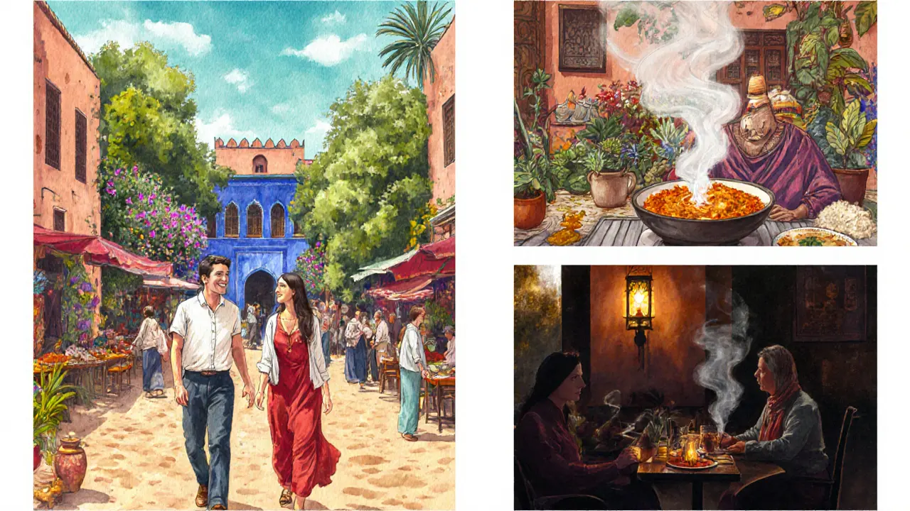 Escort and traveler explore Marrakech market, garden, and cooking class.