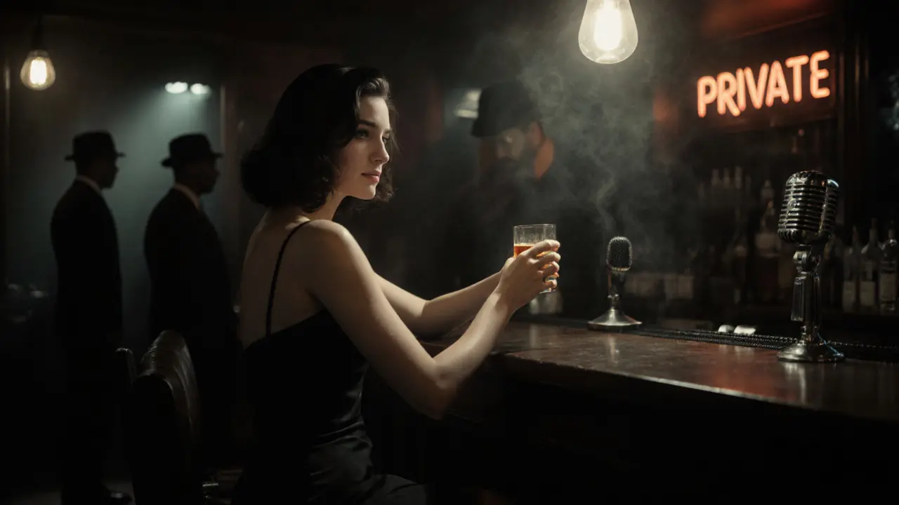 Film‑noir bar scene featuring a brunette femme fatale at the counter.