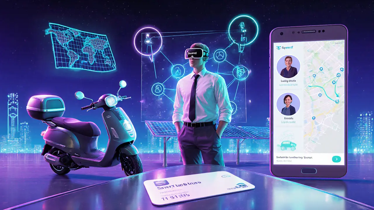 Futuristic escort with AI headset, eco transport, and subscription card.