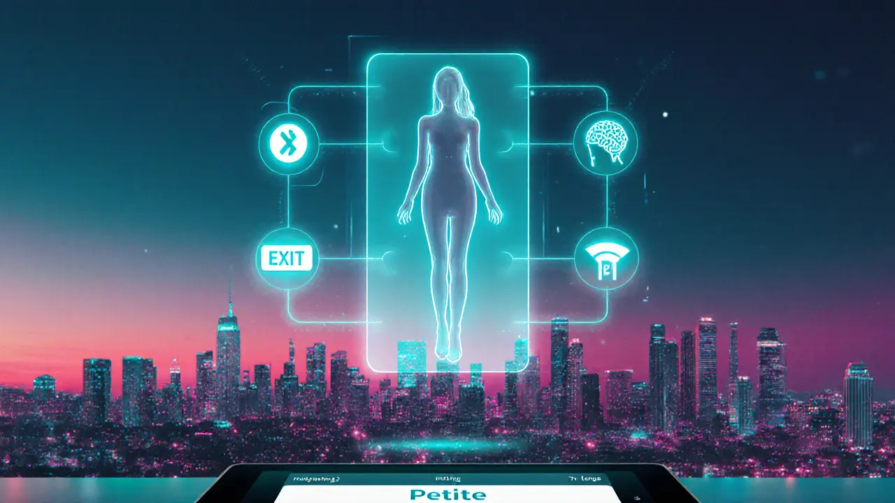 Futuristic hologram of a petite companion with safety icons and AI matchmaking graphics.