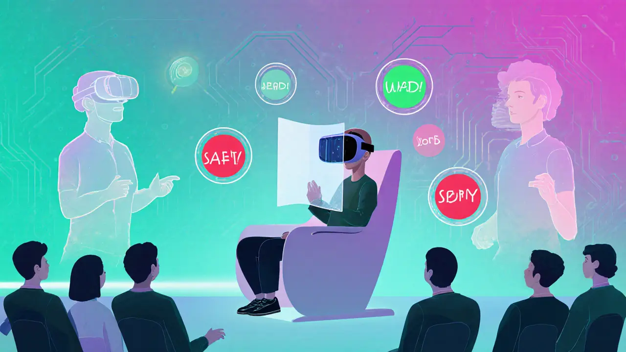 Futuristic VR setup with holographic audience and red‑green safe‑word icons.