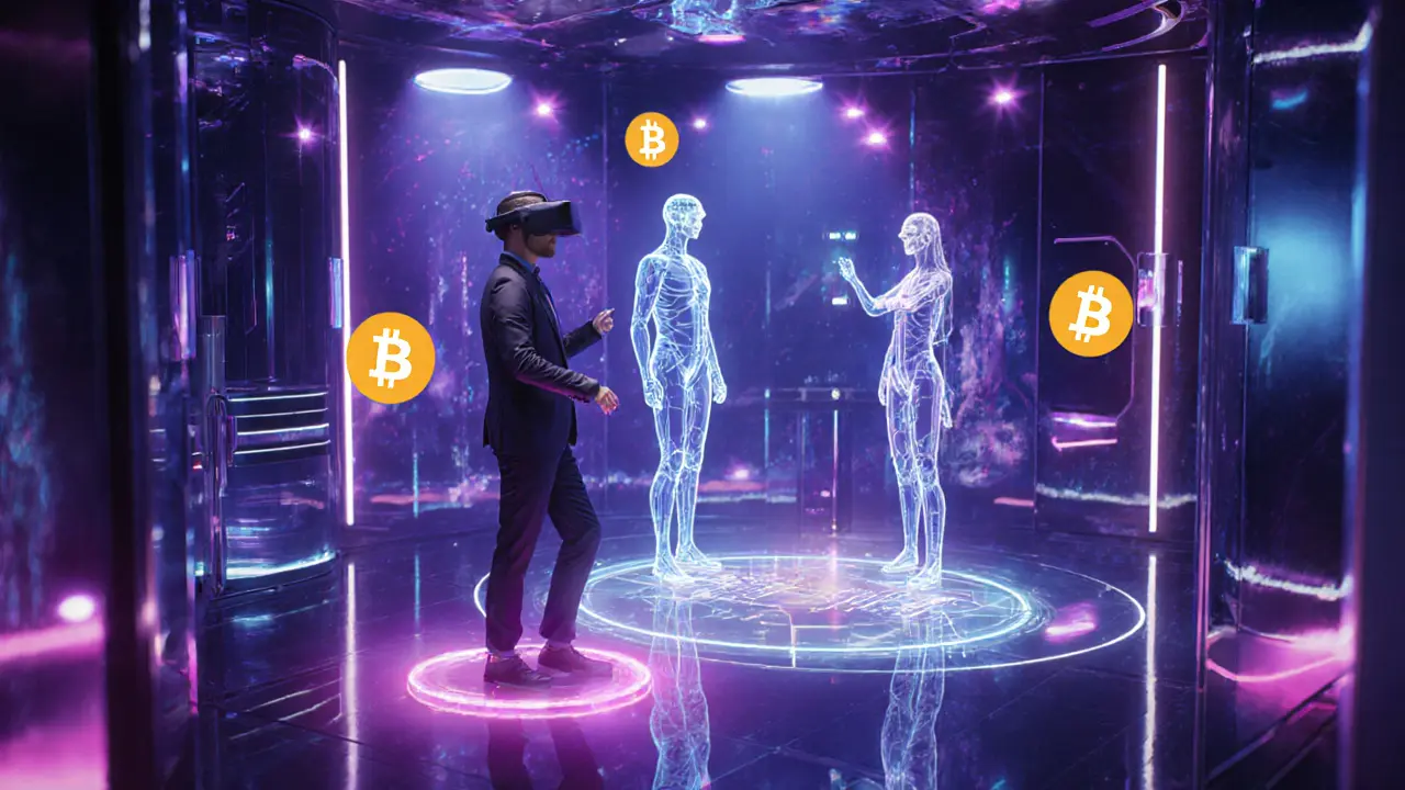 Futuristic VR studio with a client in a headset, holographic avatars, and floating crypto symbols.