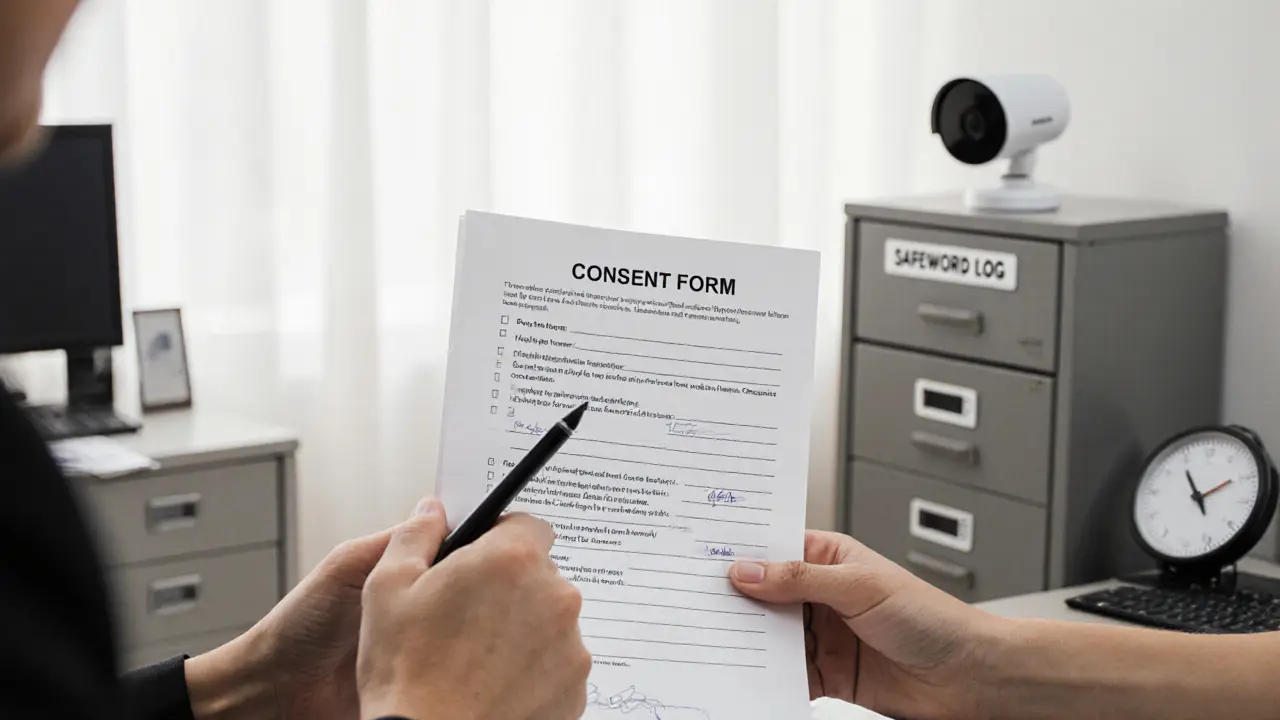 Hands signing a consent form in a professional setting with safety tools visible.