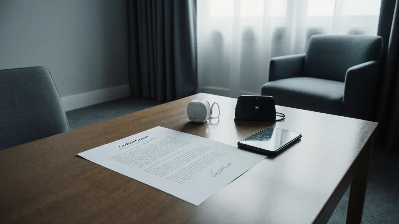 Hotel suite interior with a consent contract, alarm device, and phone showing an emergency app.