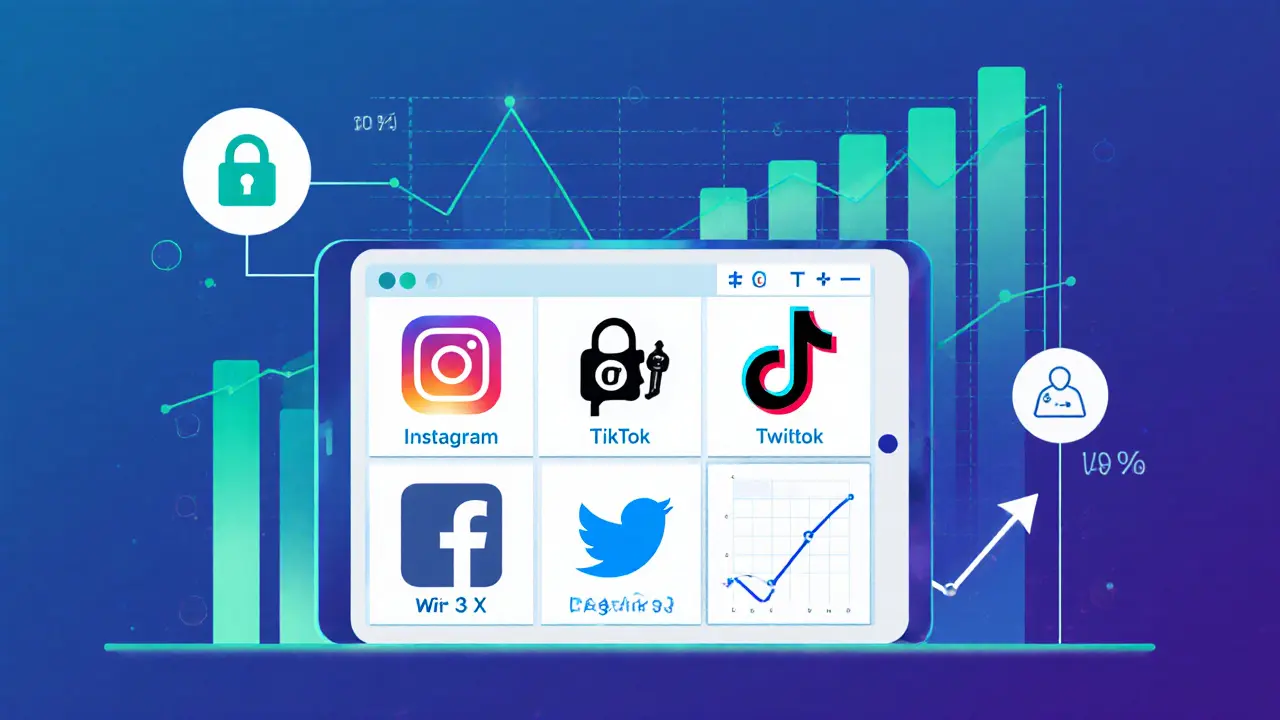 Illustrated collage of Instagram, TikTok, X, OnlyFans icons with privacy symbols and analytics charts.
