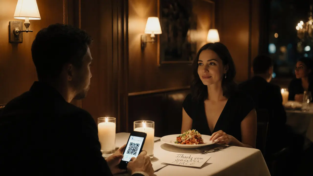 Intimate dinner with client and escort, candlelight, thank‑you note and playlist QR code on table.