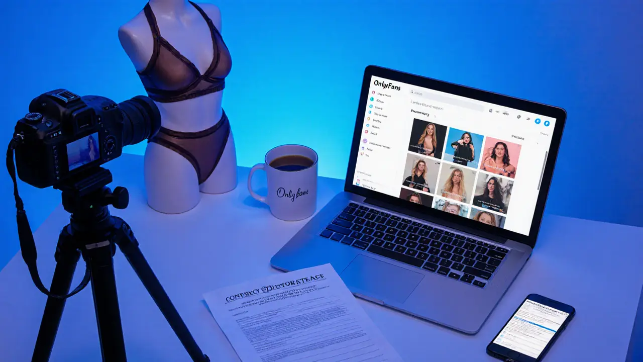 Marketing workspace with camera, laptop showing OnlyFans, phone displaying Instagram, and consent contract.