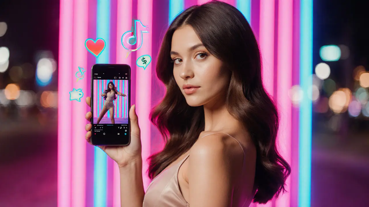 Modern brunette influencer filming a TikTok dance with neon lighting.