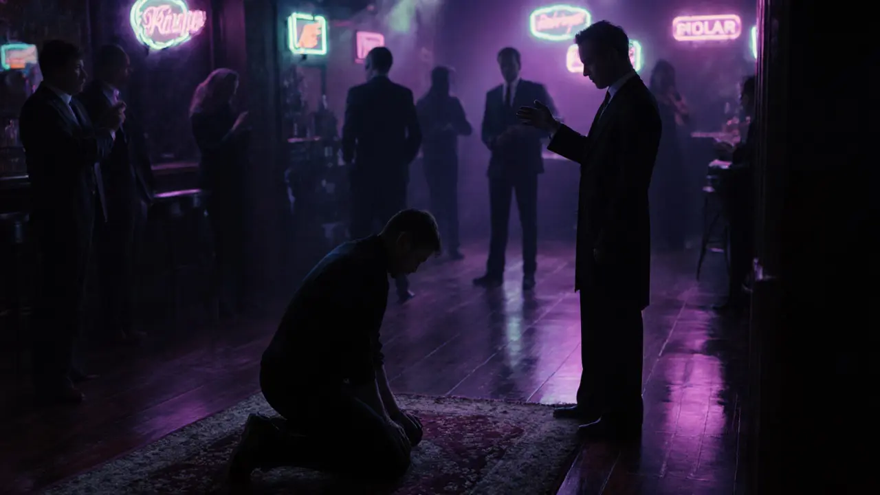 Moody club corner where a client kneels as the escort issues a command, blurred onlookers present.