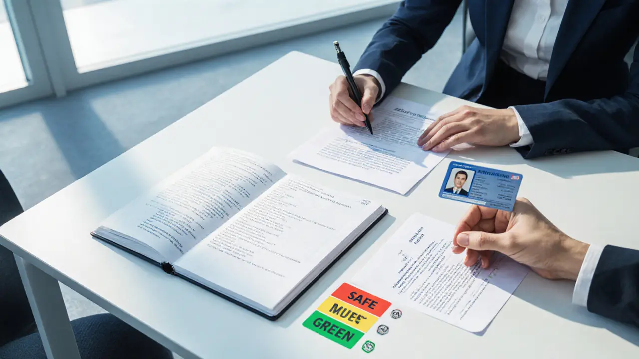 Negotiation table with documents, safe‑word chart, ID, and health check card.