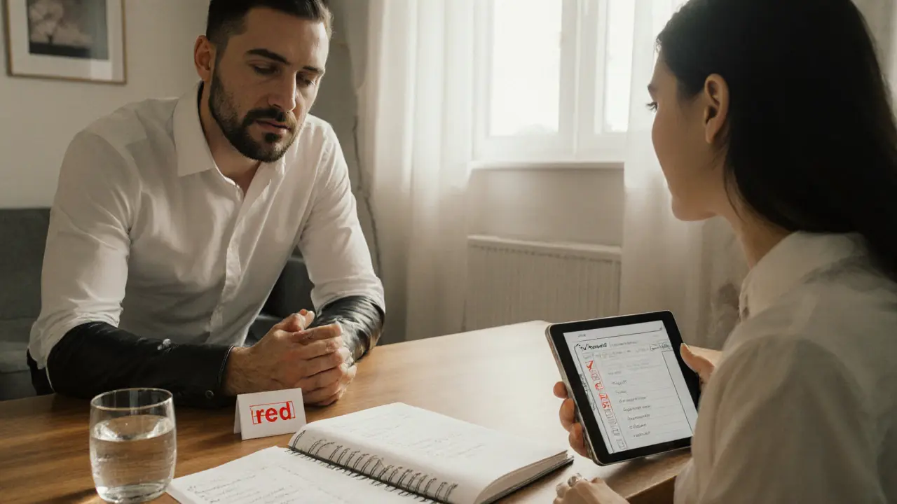Negotiation table with notebook, safe word card, and two people discussing consent.