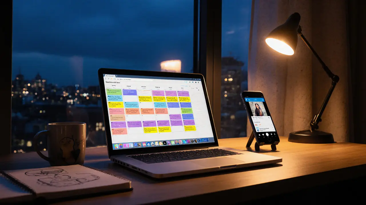 Nighttime workstation with laptop, content calendar, phone, and branding sketches.