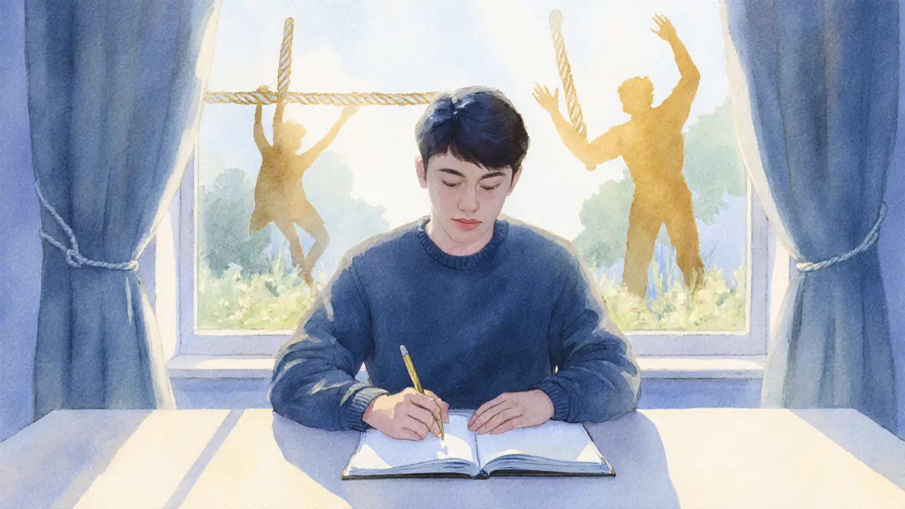 Person journaling near a window, with subtle BDSM symbols representing personal growth.