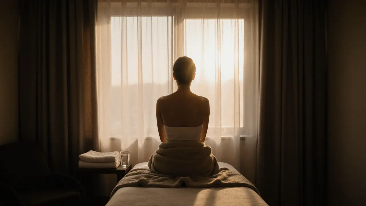 Person sitting calmly after a massage, wrapped in a towel, greeting dawn light through a window.