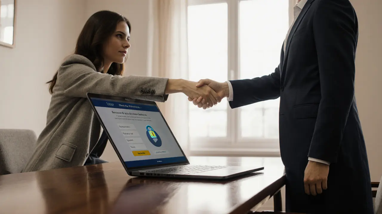 Photorealistic scene of a secure booking laptop and a discreet handshake between a client and a brunette escort.