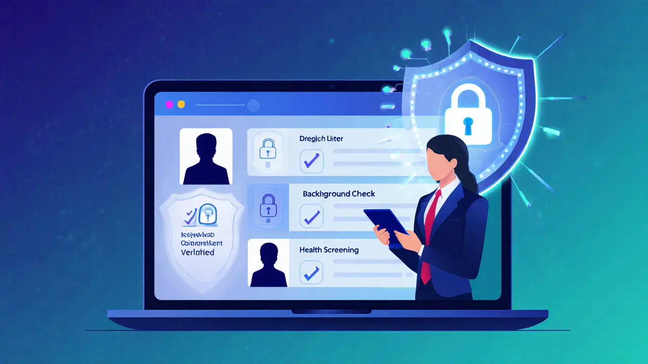Secure booking dashboard with icons for background check, health screening, and verification.