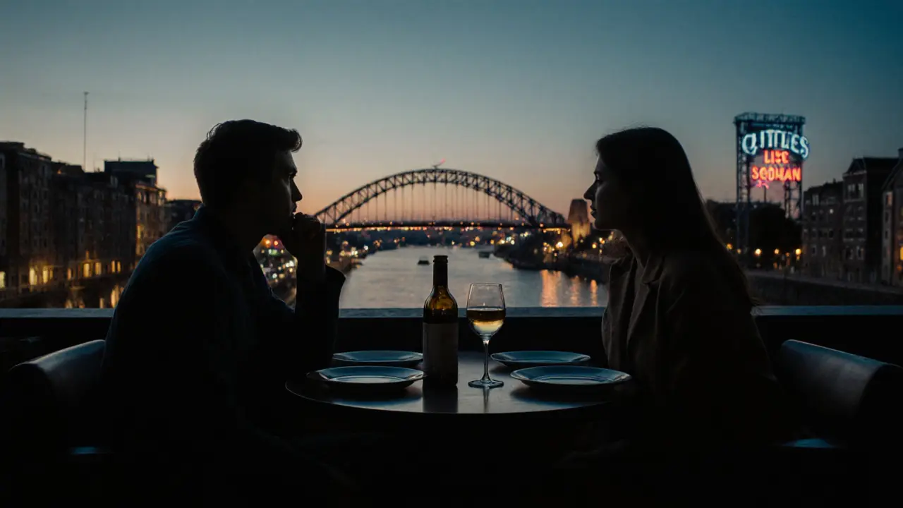 Silhouettes at a rooftop bar at dusk, overlooking Bristol&#039;s Clifton Suspension Bridge with wine glasses nearby.