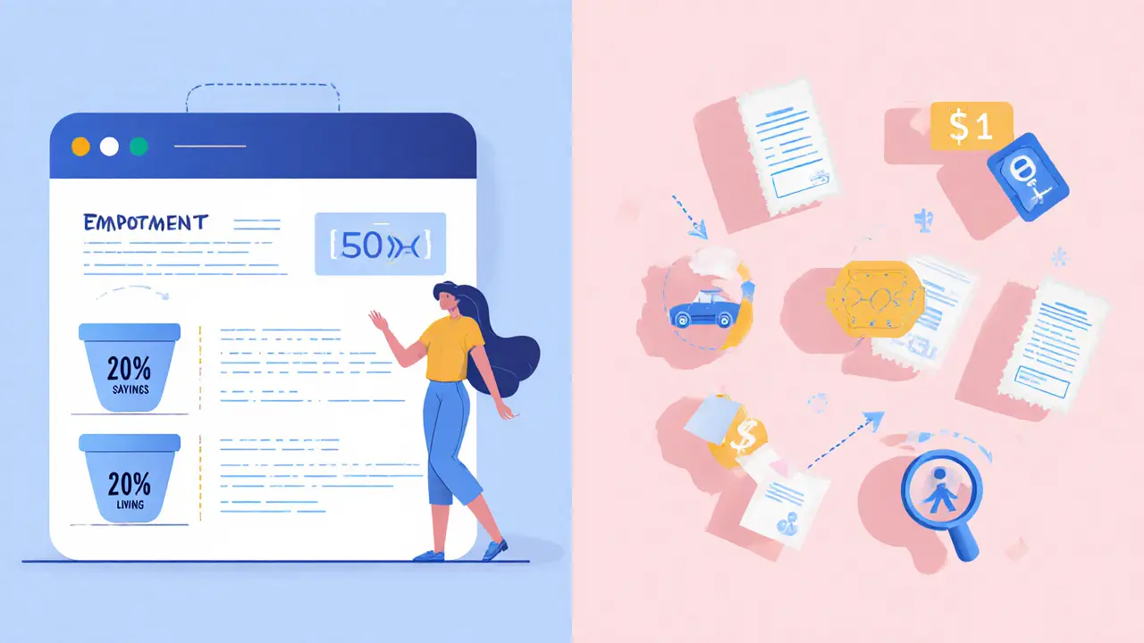 Split-screen showing labeled bank pots and deductible expense icons in clean, pastel design.