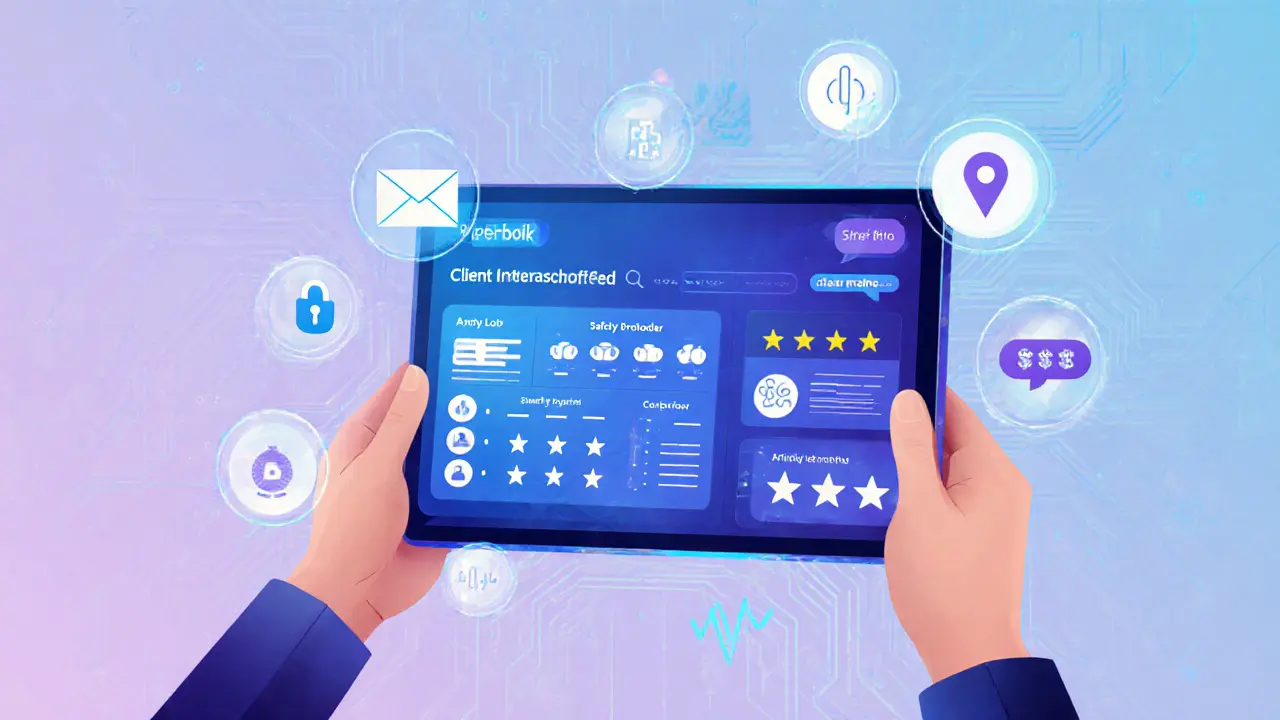 Tablet showing a stylized CIM dashboard with safety and payment icons.