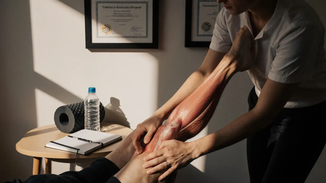 Therapist&#039;s hands performing PNF stretch on a hamstring, with certifications visible in background.