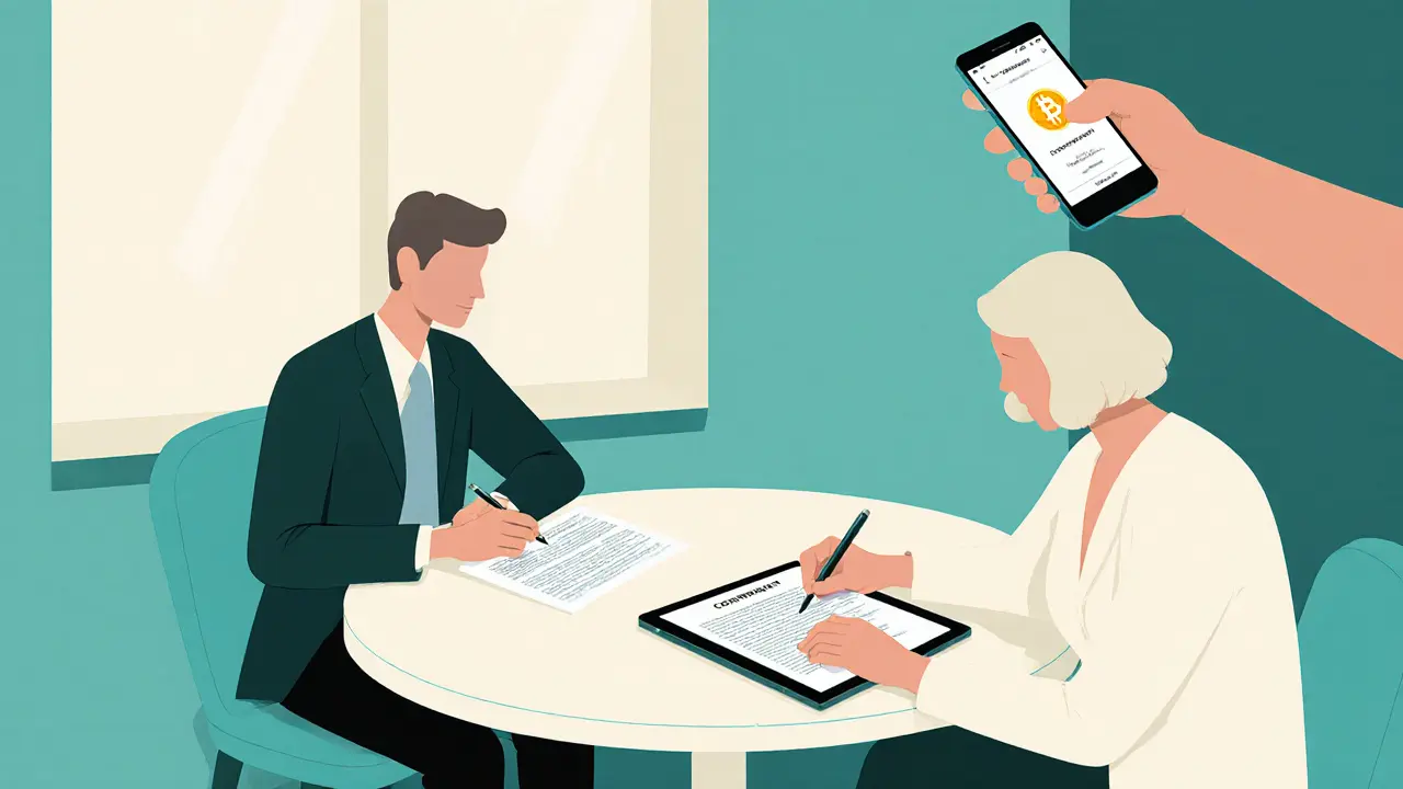 Two people reviewing a consent document in a cafe, with a smartphone displaying a secure payment.