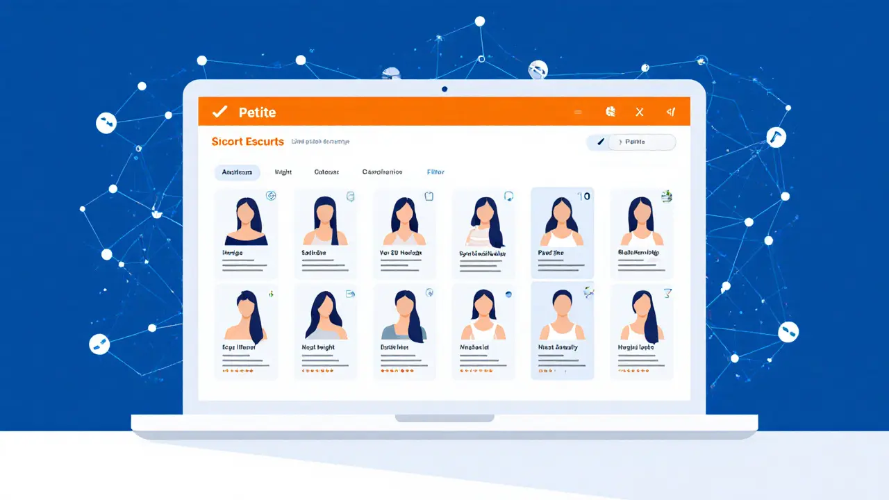 UI dashboard of an escort platform highlighting a “Petite” filter and height details on profile cards.