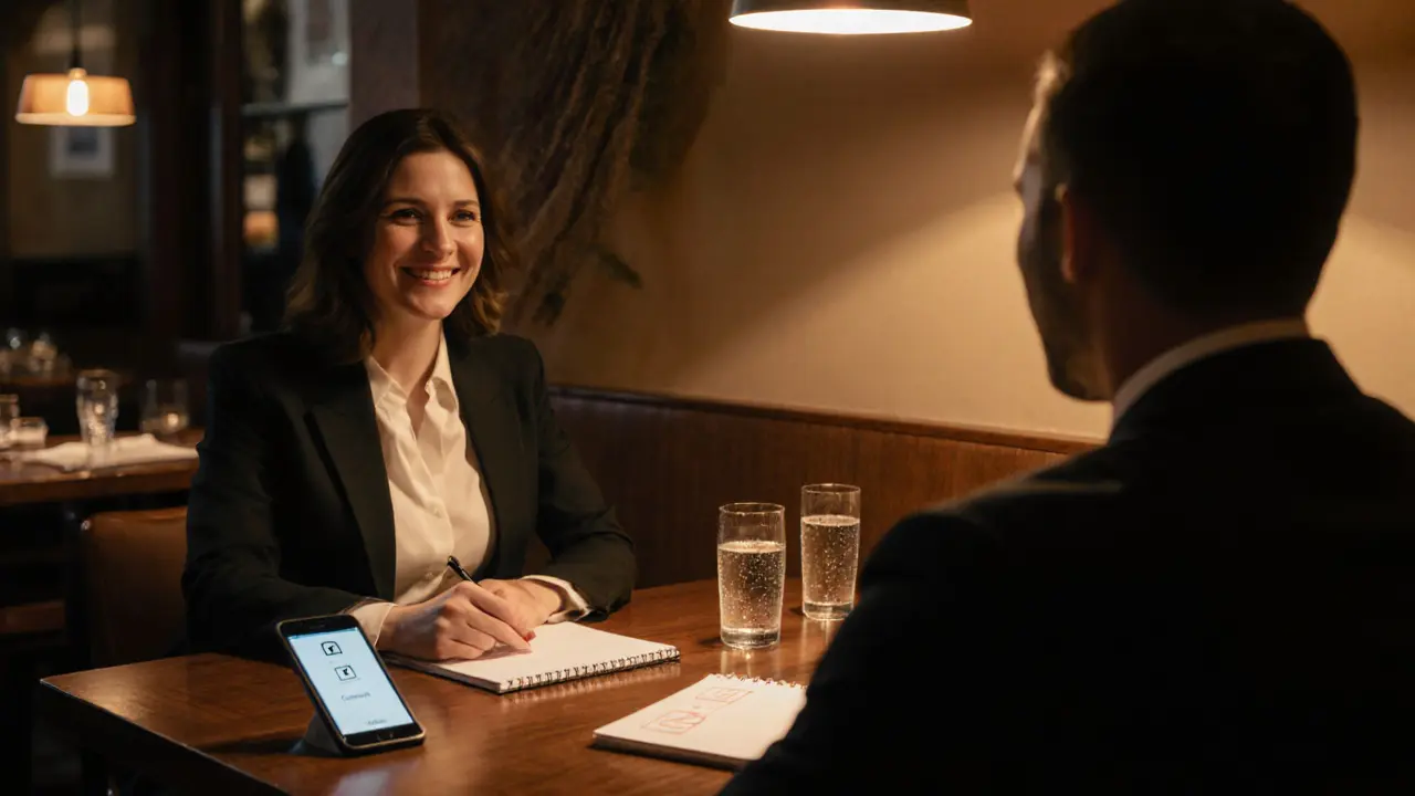 Warm restaurant scene of a professional companion and client sharing conversation.