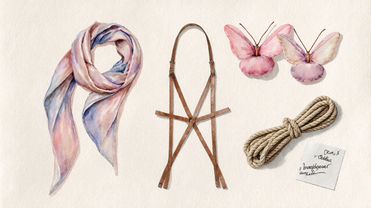 Watercolor of silk scarf, padded cuffs, leather harness, and rope on linen.