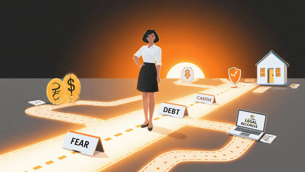 Woman walking a glowing financial path past obstacles toward security symbols like pension and home.