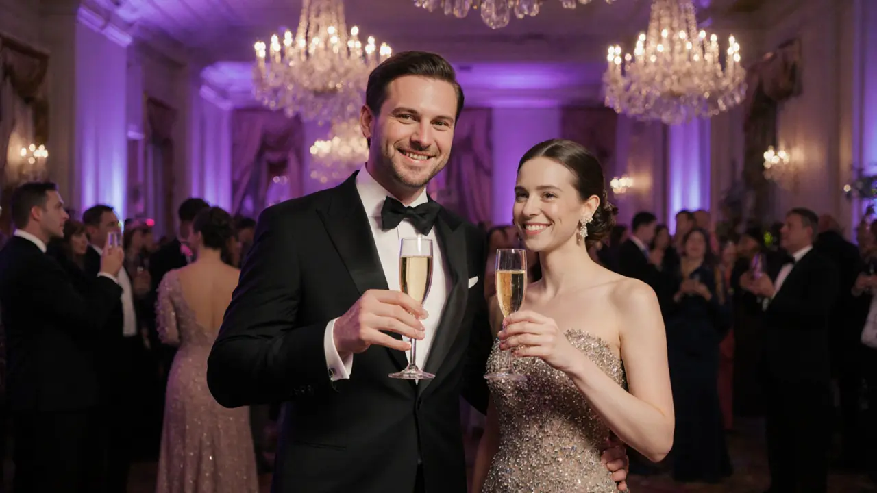 A client and companion at a London gala, sharing a quiet moment amidst elegance.