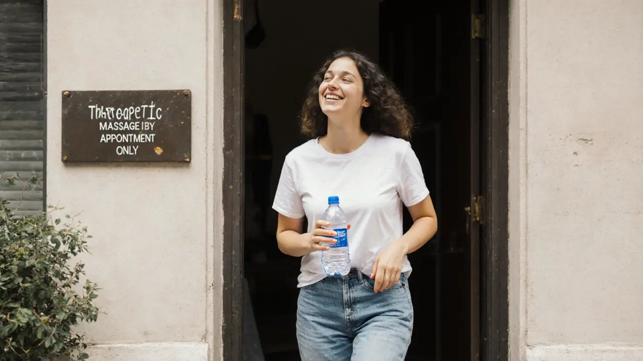 A client stepping out of a quiet building after a massage, looking calm and at peace.